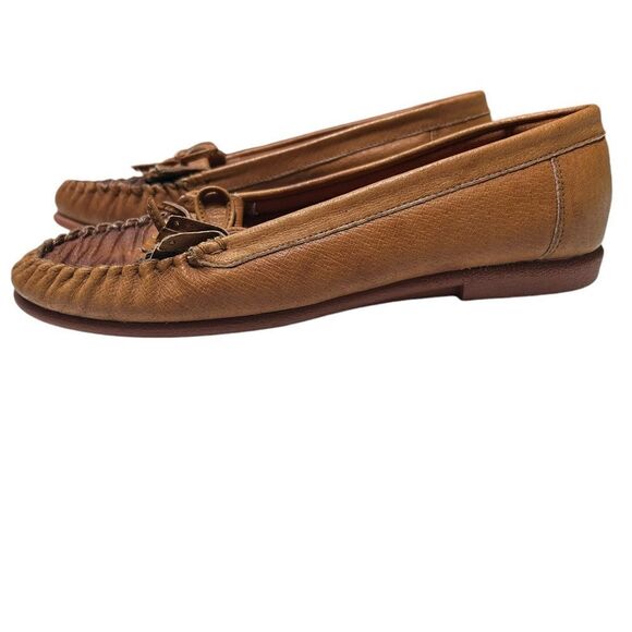 EJX Leather Upper Vintage Style Brown Leather Moccasin Loafers Flats Bow Slip On - Picture 6 of 8